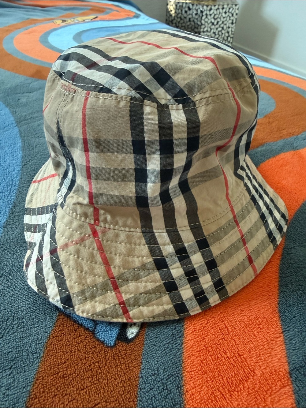 Burberry Beige Plaid Kids Bucket Hat with Navy & Red Stripes